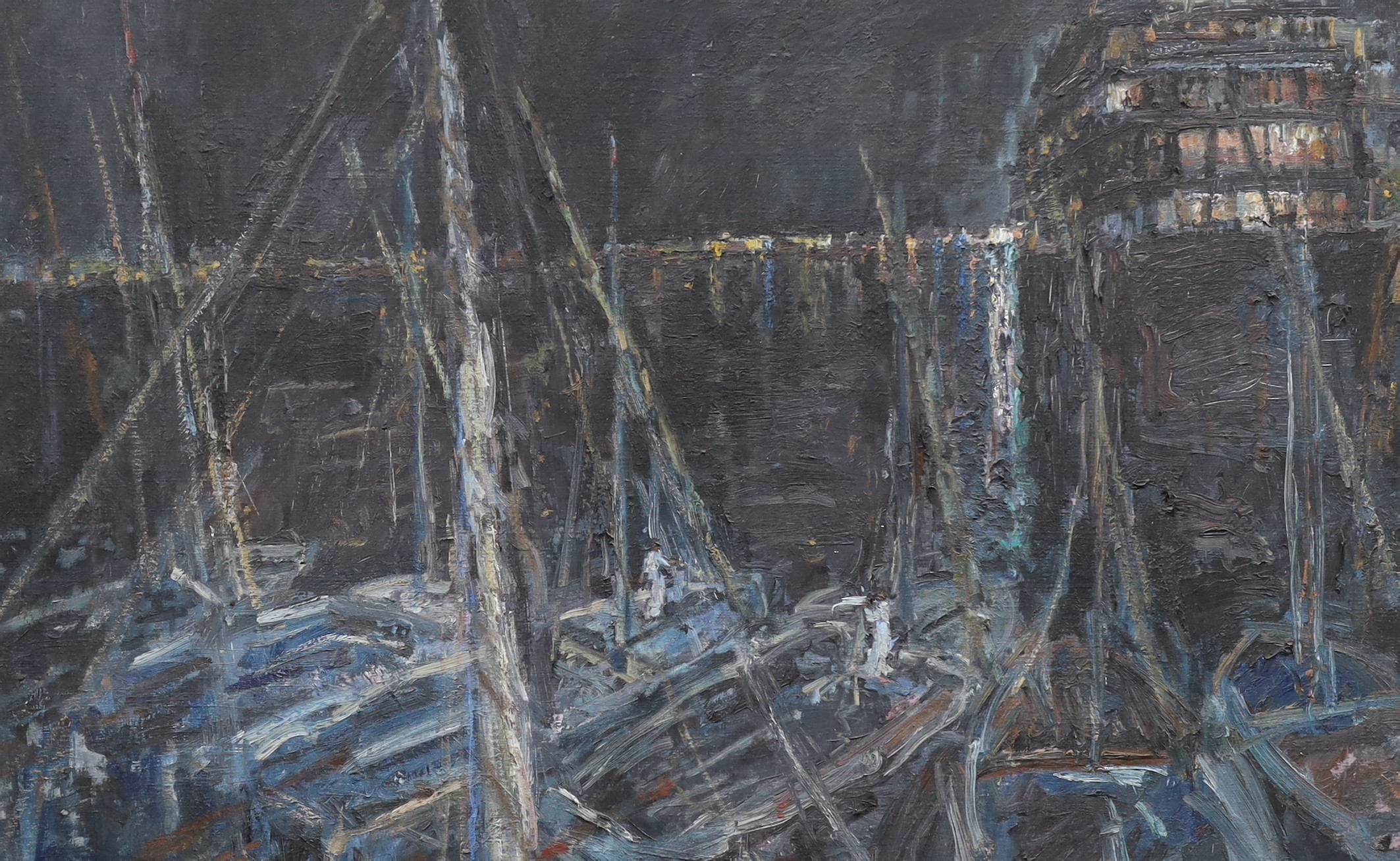 John Linfield (b.1930), oil on board, Harbour at night, signed and dated '93, 60 x 90cm